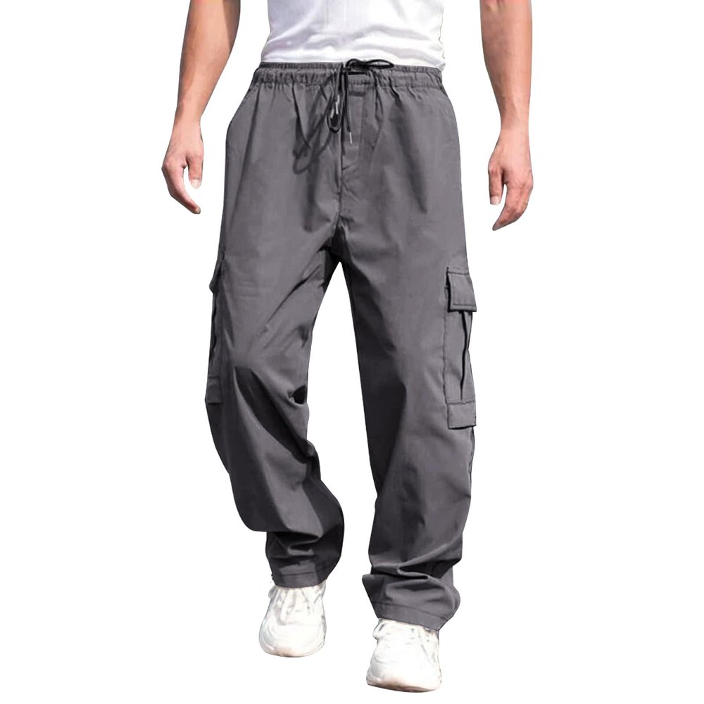 THWEI Mens Cargo Pants Casual Baggy Drawstring Loose Fit Hip Hop Pants with Pockets Grey M