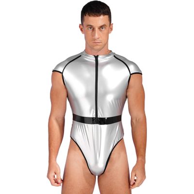 Yartina Mens Patent Leather High Cut Bodysuit Clubwear Catsuit Pole Dance Leotard Halloween Cosplay Costume Silver XX-Large