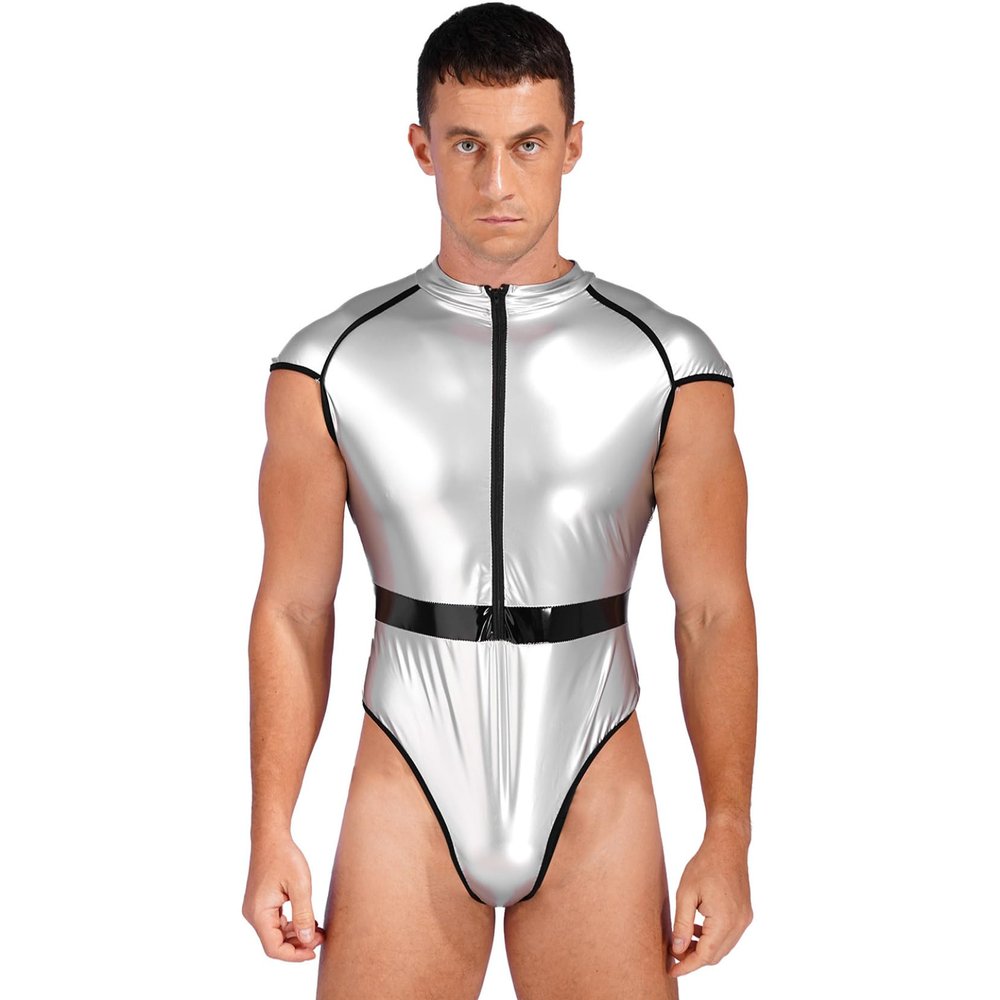 Yartina Mens Patent Leather High Cut Bodysuit Clubwear Catsuit Pole Dance Leotard Halloween Cosplay Costume Silver XX-Large