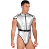 Yartina Mens Patent Leather High Cut Bodysuit Clubwear Catsuit Pole Dance Leotard Halloween Cosplay Costume Silver XX-Large view 4
