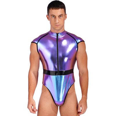 Yartina Mens Patent Leather High Cut Bodysuit Clubwear Catsuit Pole Dance Leotard Halloween Cosplay Costume Colorful X-Large