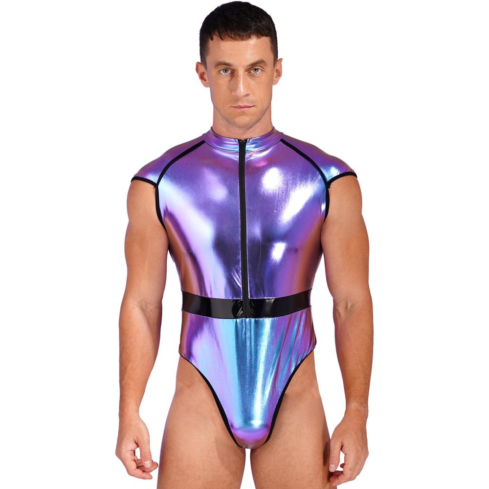 Yartina Mens Patent Leather High Cut Bodysuit Clubwear Catsuit Pole Dance Leotard Halloween Cosplay Costume Colorful X-Large