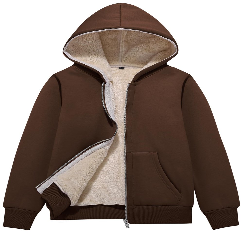 Flygo Unisex Boys Girls Fleece Jacket Hoodie Sherpa Lined Zip Up Hooded Sweatshirt Kids Winter Jackets(Brown-XS)