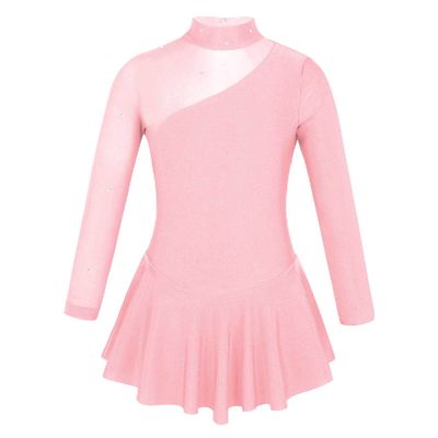 Alvivi Kids Girls Long Sleeves High Neck Figure Roller Ice Skating Mesh Dress Ballet Dance Gymnastics Leotard Tutu Skirt Pearl Pink 10-12 Years