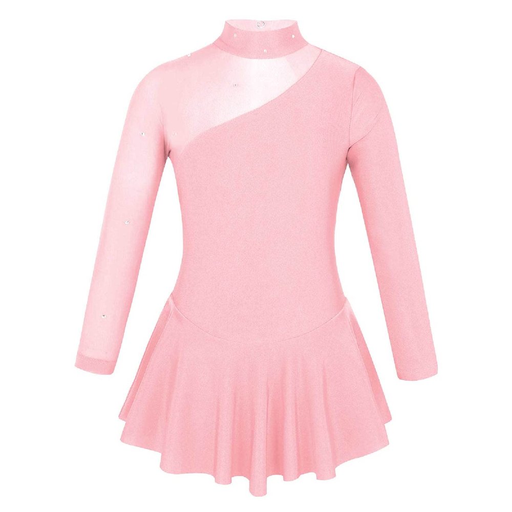 Alvivi Kids Girls Long Sleeves High Neck Figure Roller Ice Skating Mesh Dress Ballet Dance Gymnastics Leotard Tutu Skirt Pearl Pink 10-12 Years