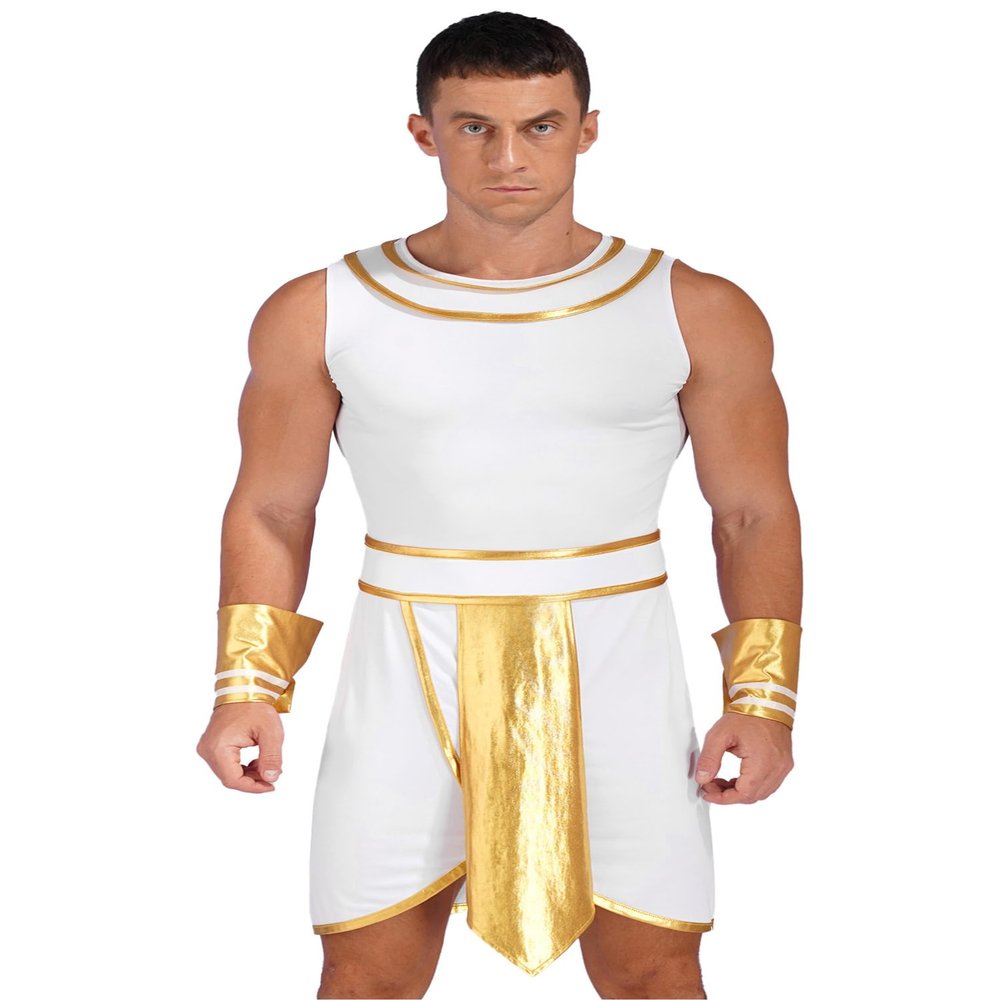 Alvivi Men Ancient Roman Costume Set Egypt Prince Role Play Outfit for Halloween Dress Up Party White C 3X-Large