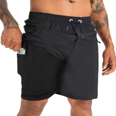 APTRO 2 in 1 Men's Swim Trunks 9" with Zipper Pockets Bathing Suit Built-in Board Shorts Swimwear Long Shorts Black S