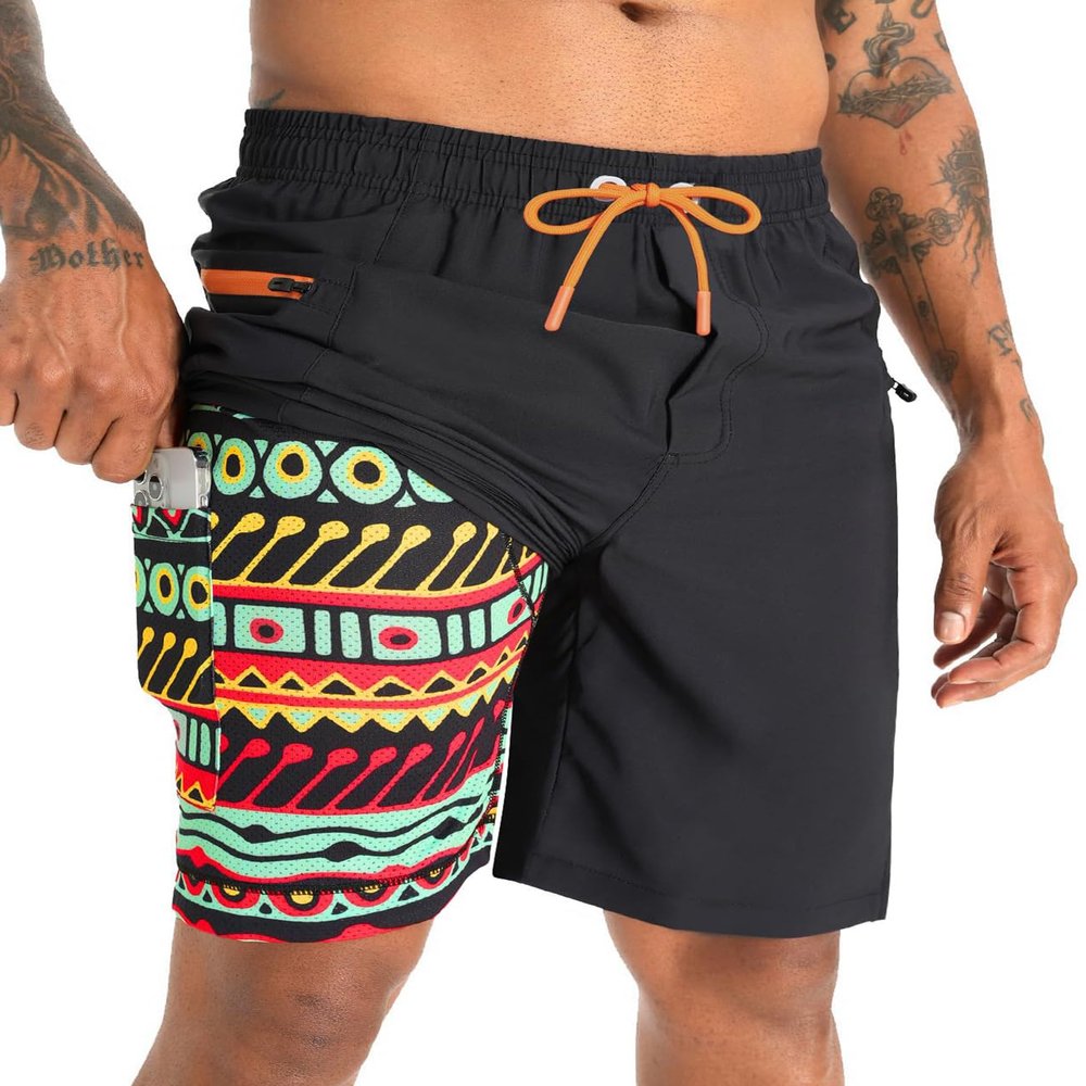 APTRO 2 in 1 Men's Swim Trunks 9" with Zipper Pockets Bathing Suit Built-in Board Shorts Swimwear Long Shorts Multicolor L