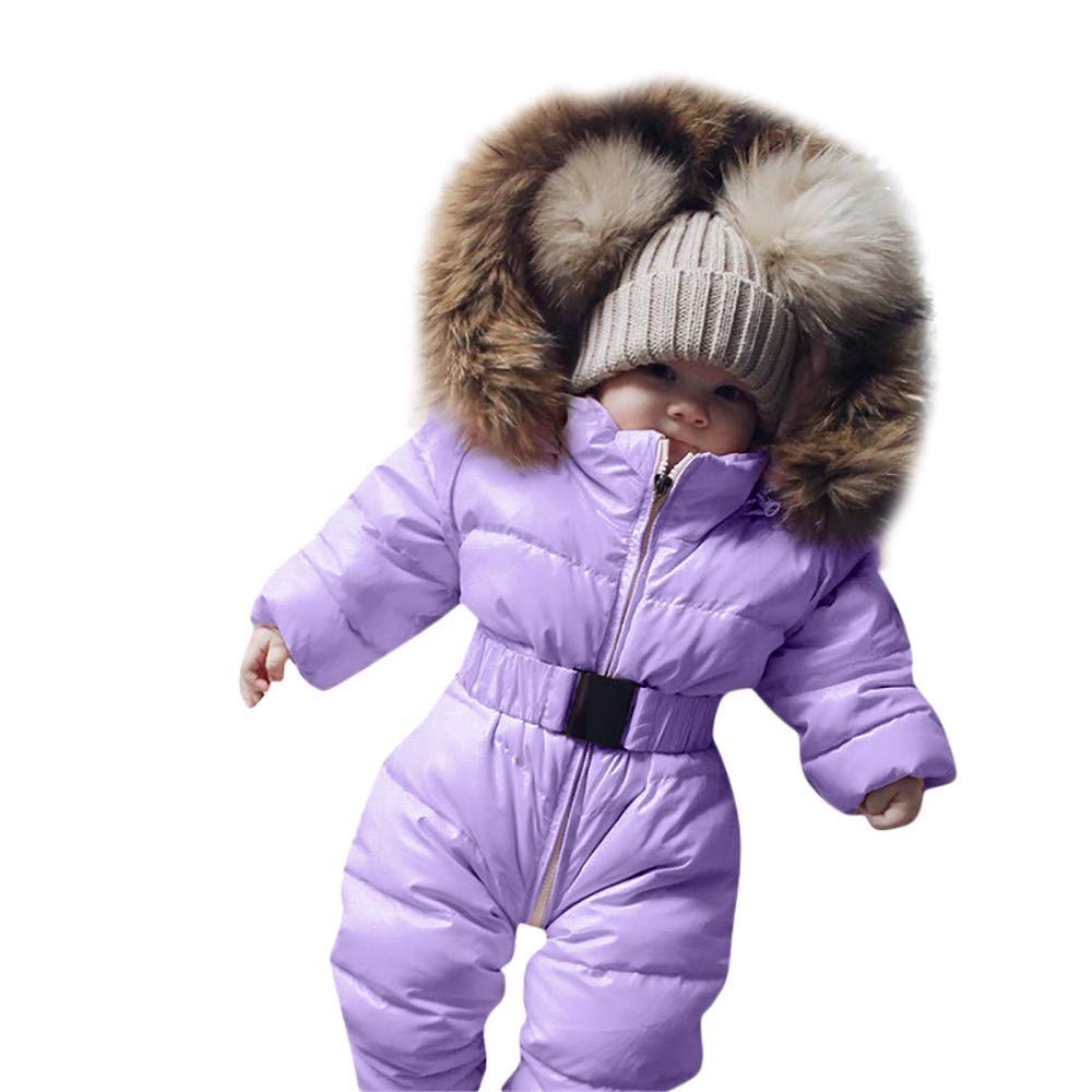 Newborn Baby Snowsuit Thick Outerwear Winter Warm Romper Boys Girls Bunting Hooded Down Jacket (Purple, 12-18 Months)