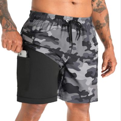 APTRO 2 in 1 Men's Swim Trunks 9" with Zipper Pockets Bathing Suit Built-in Board Shorts Swimwear Long Shorts Camo M