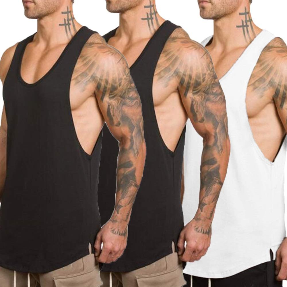 ZUEVI 3 Pack Muscle Tank Tops for Men Sleeveless Cut Off Shirts Bodybuilding Gym Workout Stringer T-Shirts (Black&Black&White-XXL)