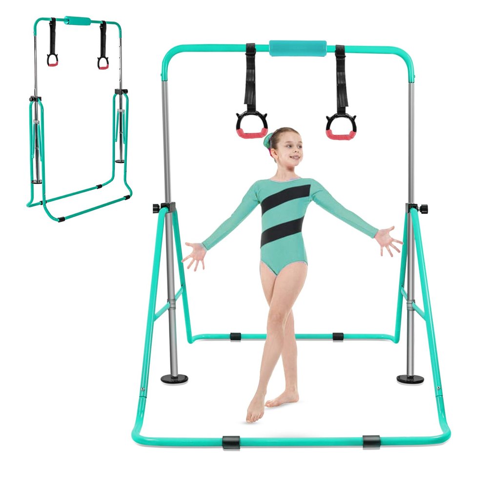 YEEGO DIRECT Gymnastics Bar for Kids with Rings and Pad, Folding Gymnastics Bars Horizontal Bar for Kids Ages 3-10, Expandable for Home Training Kids Gifts for Girls Boys(Green)