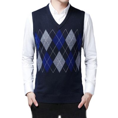Rfmfkkg Mens Vest Casual Sweater Argyle Slim Fit V-Neck Sleeveless Pullover Casual Business Navy Vest Men XXXL 80-90 KG