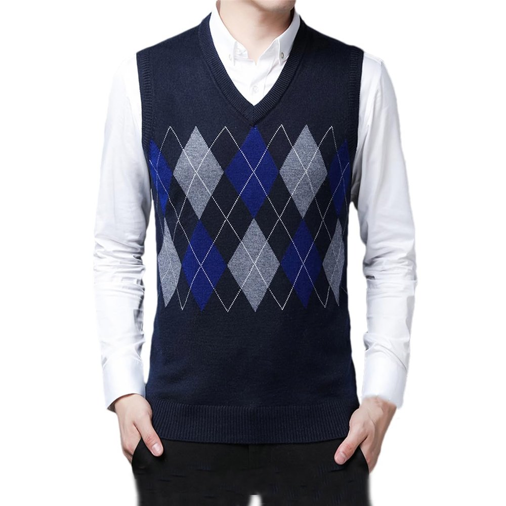 Rfmfkkg Mens Vest Casual Sweater Argyle Slim Fit V-Neck Sleeveless Pullover Casual Business Navy Vest Men XXXL 80-90 KG