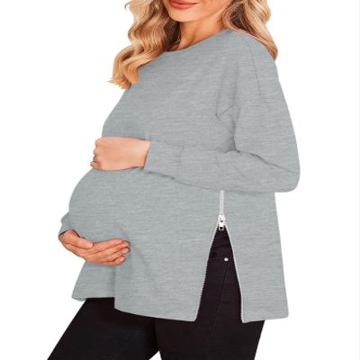 Women's Maternity Shirts Long Sleeve Sweatshirt Zipper Split Side Pregnancy Casual Tunic Top Grey