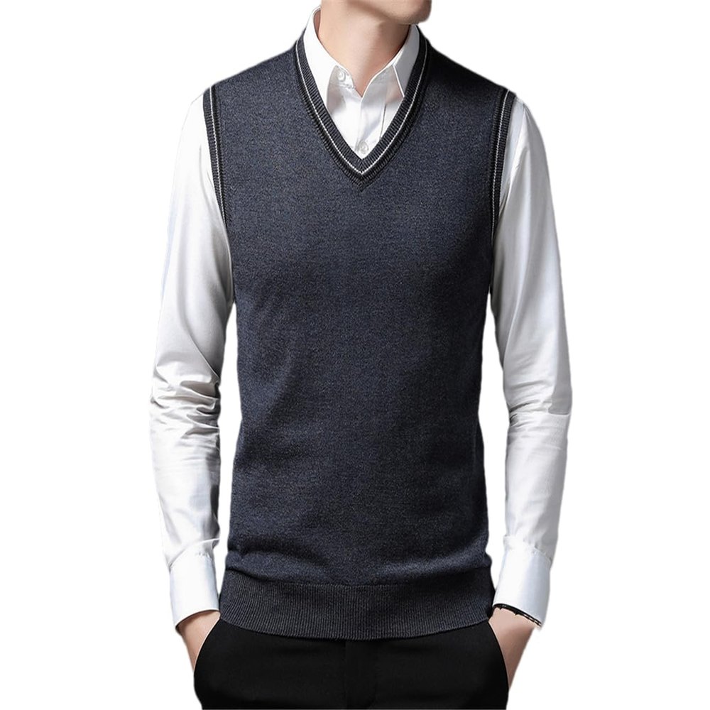 Rfmfkkg Men Vest Sweater Casual Sleeveless V-Neck Solid Color Slim Fit Knitted Sweater Threaded Hem Darkgray Vest Men XXXL 80-90 KG