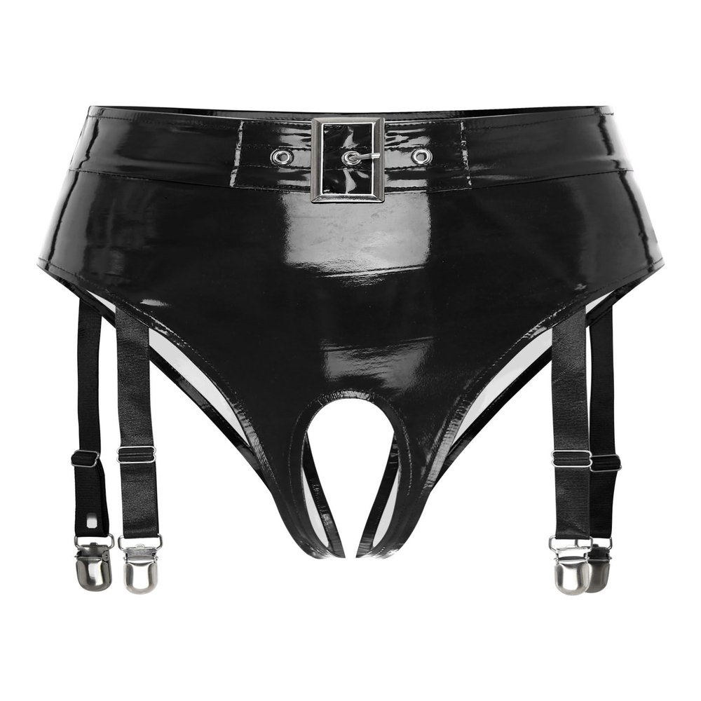YONGHS Women Leg Garter Clips Thong Metallic Rave High Waisted Panties for Festival Clubwear Dancing Black 3X-Large