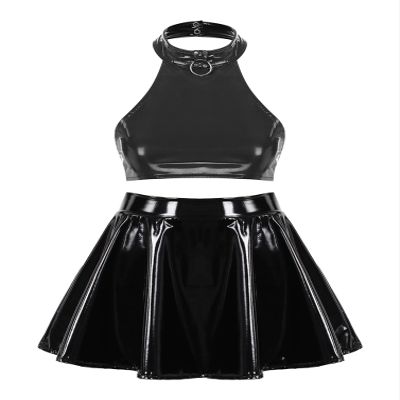 Moily Women's 2 Piece Outfits PU Leather Halter Backless Crop Top and Mini Skirt Set Black Medium