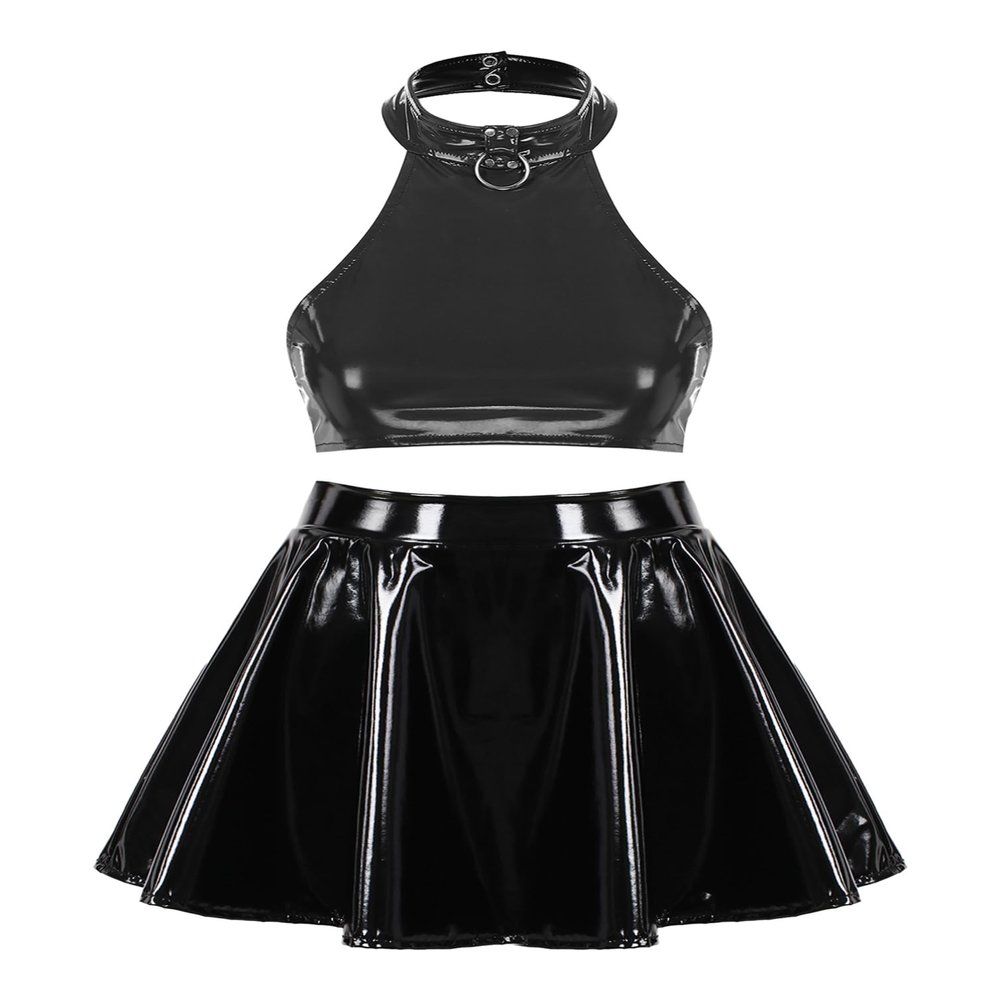 Moily Women's 2 Piece Outfits PU Leather Halter Backless Crop Top and Mini Skirt Set Black Medium