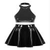 Moily Women's 2 Piece Outfits PU Leather Halter Backless Crop Top and Mini Skirt Set Black Medium view 1