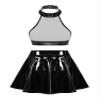 Moily Women's 2 Piece Outfits PU Leather Halter Backless Crop Top and Mini Skirt Set Black Medium view 2