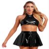 Moily Women's 2 Piece Outfits PU Leather Halter Backless Crop Top and Mini Skirt Set Black Medium view 3