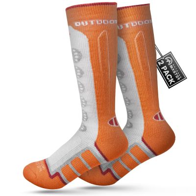 OutdoorMaster Kids Ski Socks, 2-Pack Merino Wool Winter Compression Thermal Socks with Boys & Girls, Over The Calf Non-Slip Cuff
