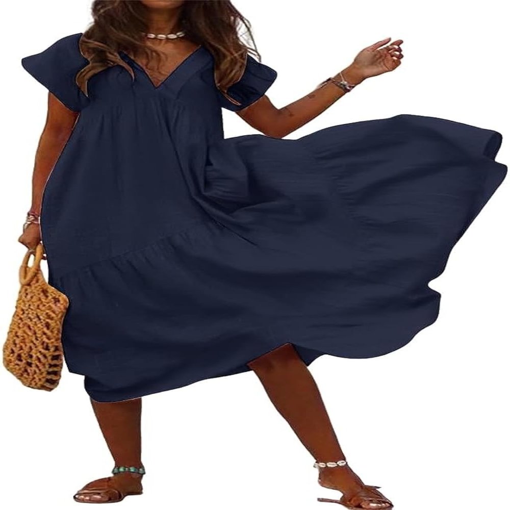 Women's Boho Style Short Sleeve Dress Casual Ruffle Hem Dress Plus Size Layered Maxi Long Beach Sundress (V-Color 7,5X-Large)