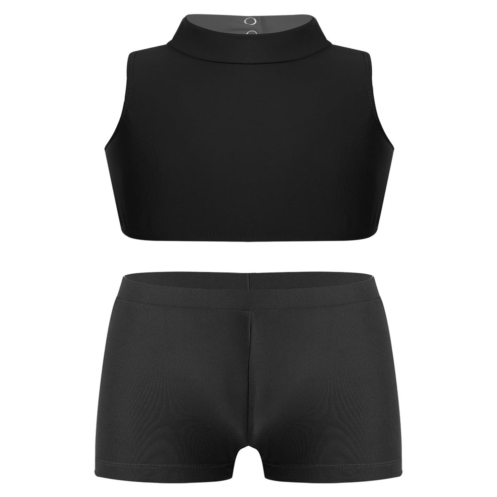 Yartina Flower Girls 2 Pieces Active Clothes Set Crop Tank Tops with Shorts Gymnastics Dance Outfits Black 12 Years