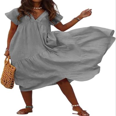 Women's Boho Style Short Sleeve Dress Casual Ruffle Hem Dress Plus Size Layered Maxi Long Beach Sundress (V-Color 4,4X-Large)
