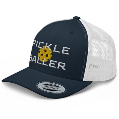 RIVEMUG Pickleball Hat Pickle Baller Premium Trucker Hat Curved Bill Mid Crown Pickleball Adjustable Cap for Men and Women Navy/White