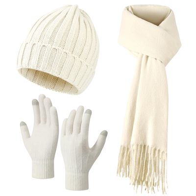 Premillow Womens Winter Hat Beanie+Long Scarf+Touch Screen Gloves Set, Skull Caps Neck Scarfs for Women/Men, Winter Gloves Set with Warm Knit Fleece Lined for Cold Weather, Mixed khaki