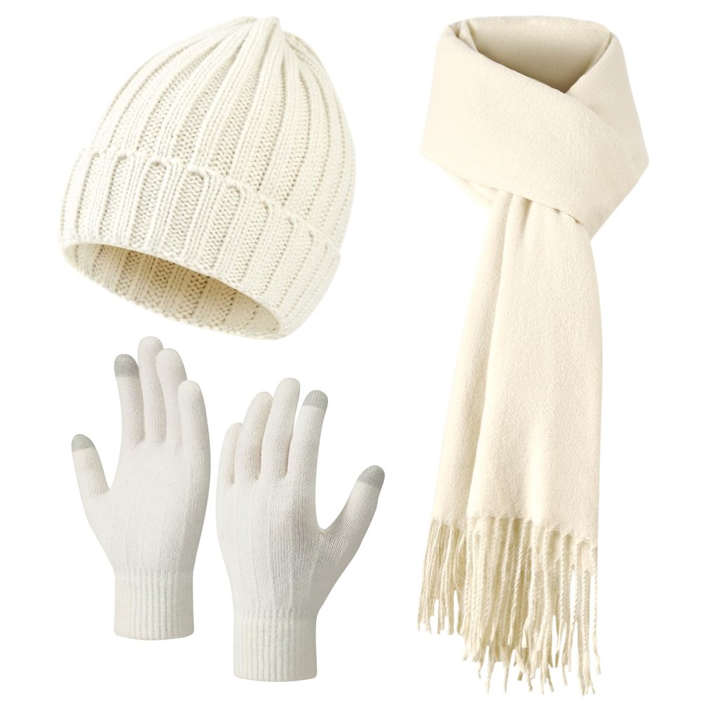 Premillow Womens Winter Hat Beanie+Long Scarf+Touch Screen Gloves Set, Skull Caps Neck Scarfs for Women/Men, Winter Gloves Set with Warm Knit Fleece Lined for Cold Weather, Mixed khaki