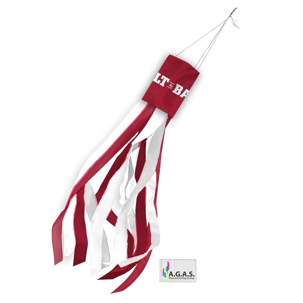 AGAS Small Alabama University Built by Bama Windsock - 30"x 5.5" inch| Durable 200 Denier Nylon | Team-Coloured Alternate 6 Stripes | Easy Hanging Clip
