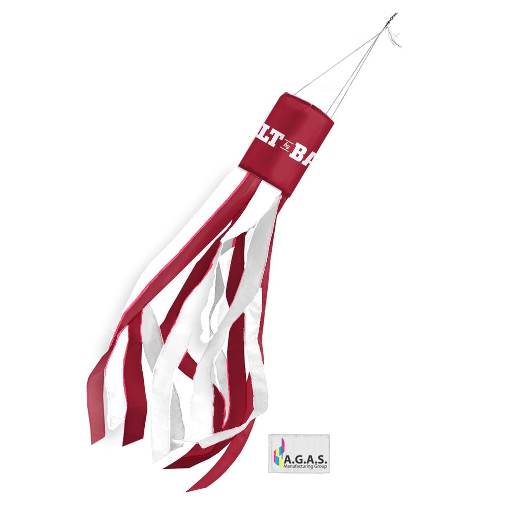 AGAS Small Alabama University Built by Bama Windsock - 30"x 5.5" inch| Durable Polyester | Team-Coloured Alternate 6 Stripes | Easy Hanging Clip