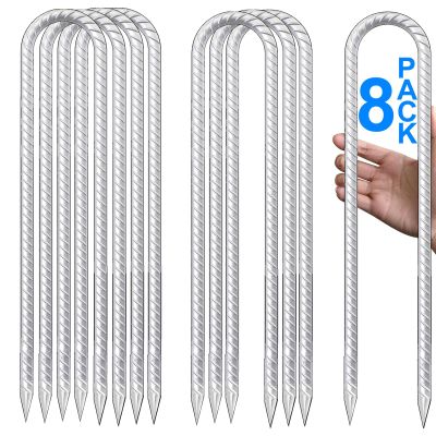 DEEGETEL Trampolines Stakes, U Shaped Rebar Stakes 8 Pack 12 Inch, Heavy DutyGalvanized Steel Ground Anchor Tie Down for High Wind, Tents, Soccer Goals, Canopy, Garden, Yard, Fence, Ground