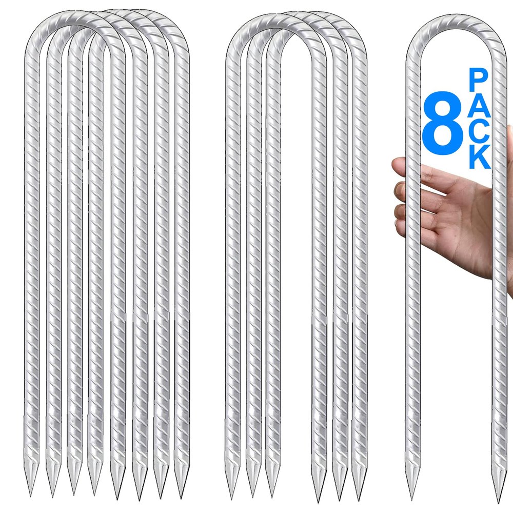 DEEGETEL Trampolines Stakes, U Shaped Rebar Stakes 8 Pack 12 Inch, Heavy DutyGalvanized Steel Ground Anchor Tie Down for High Wind, Tents, Soccer Goals, Canopy, Garden, Yard, Fence, Ground