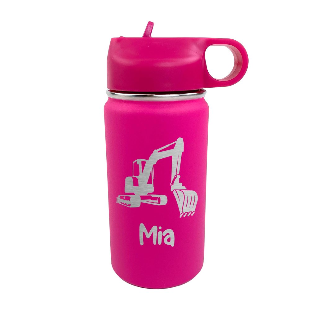 The Crafty Engineer Personalized Excavator Kids Water Bottle, Stainless Steel, Leakproof, 12 oz (Hot Pink)