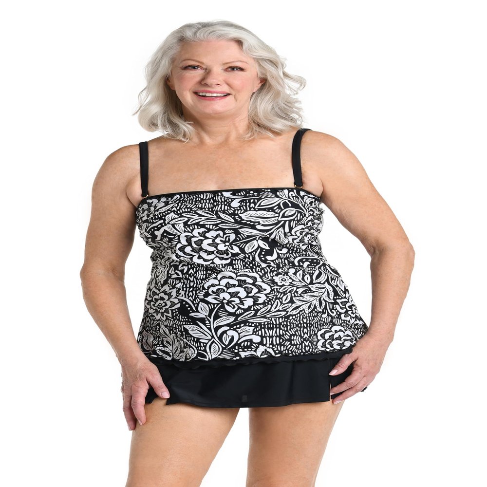 Maxine of Hollywood Women's Ruffle Bandeau Tankini Swimsuit Top, Black//Tahitian Tribe Floral, 18