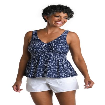 Maxine of Hollywood Women's Over The Shoulder Empire Tankini Swimsuit Top, Indigo//Seaside Dot, 16