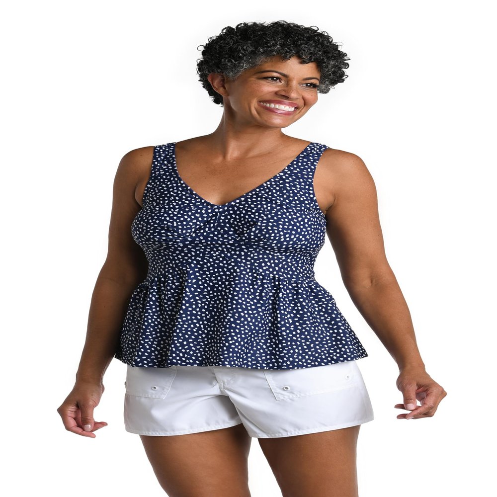 Maxine of Hollywood Women's Over The Shoulder Empire Tankini Swimsuit Top, Indigo//Seaside Dot, 16