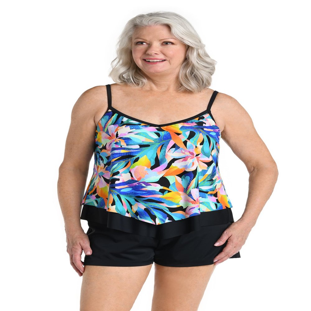 Maxine of Hollywood Women's V-Neck Flutter Tankini Swimsuit Top, Multi//Sunset Isle, 16