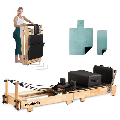 Foldable Wooden Pilates Reformer (Oak Frame) - with Jump Board, Sitting Box & Adjustable Springs | Professional Grade for Home/Studio, Low-Impact Workout, 600 lbs Capacity