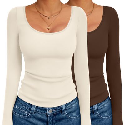 Ekouaer 2 Pack Long Sleeve Shirts for Womens Scoop Neck Tops Slim Fit Undershirts Basic Thermal Tee Shirt Beige/Coffee S