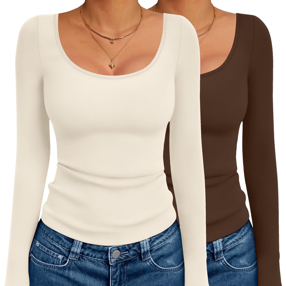 Ekouaer 2 Pack Long Sleeve Shirts for Womens Scoop Neck Tops Slim Fit Undershirts Basic Thermal Tee Shirt Beige/Coffee S