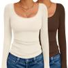 Ekouaer 2 Pack Long Sleeve Shirts for Womens Scoop Neck Tops Slim Fit Undershirts Basic Thermal Tee Shirt Beige/Coffee S view 1