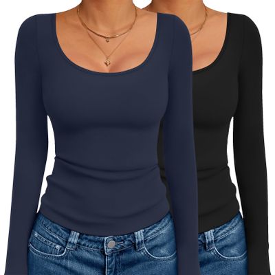 Ekouaer 2 Pack Long Sleeve Shirts for Womens Scoop Neck Tops Slim Fit Undershirts Basic Thermal Tee Shirt Black/Navy M