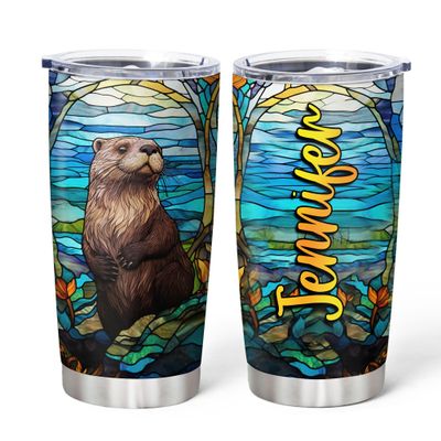 Hyturtle Personalized Gifts For Otter Lover - Otter Printed With Floral Custom Name Stainless Steel Tumbler 20oz With Lid - Idea Sea Animal Lover Gifts For Women Girl Kids On Birthday Christmas