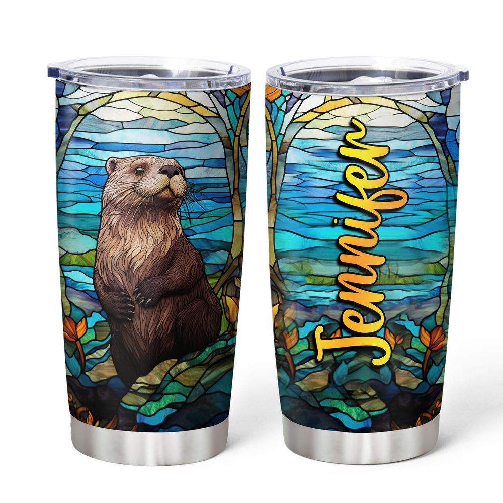 Hyturtle Personalized Gifts For Otter Lover - Otter Printed With Floral Custom Name Stainless Steel Tumbler 20oz With Lid - Idea Sea Animal Lover Gifts For Women Girl Kids On Birthday Christmas