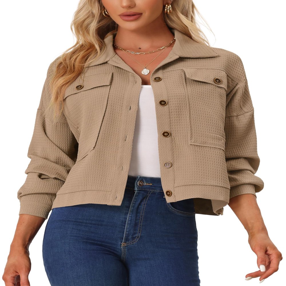 Allegra K Waffle Shirt Jacket for Women's Casual Drop Shoulder Lightweight Shacket Button Down Shirt X-Large Khaki